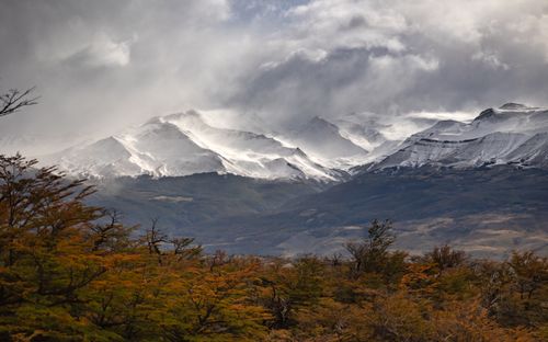 Free Stunning landscape of snowy mountains and fall foliage in El Chaltén, Patagonia, Argentina. Stock Photo