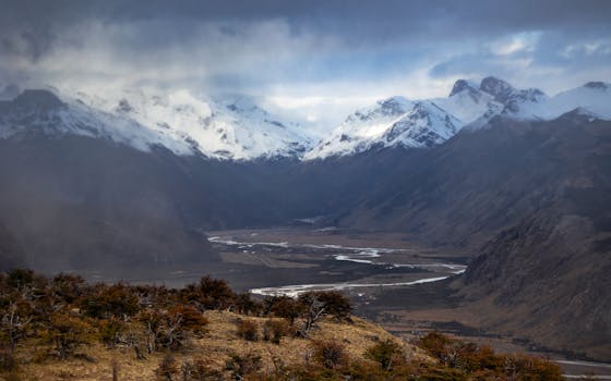 Breathtaking view of the snow-capped Andes mountains and the valley in El Chaltén, Patagonia, Argentina.