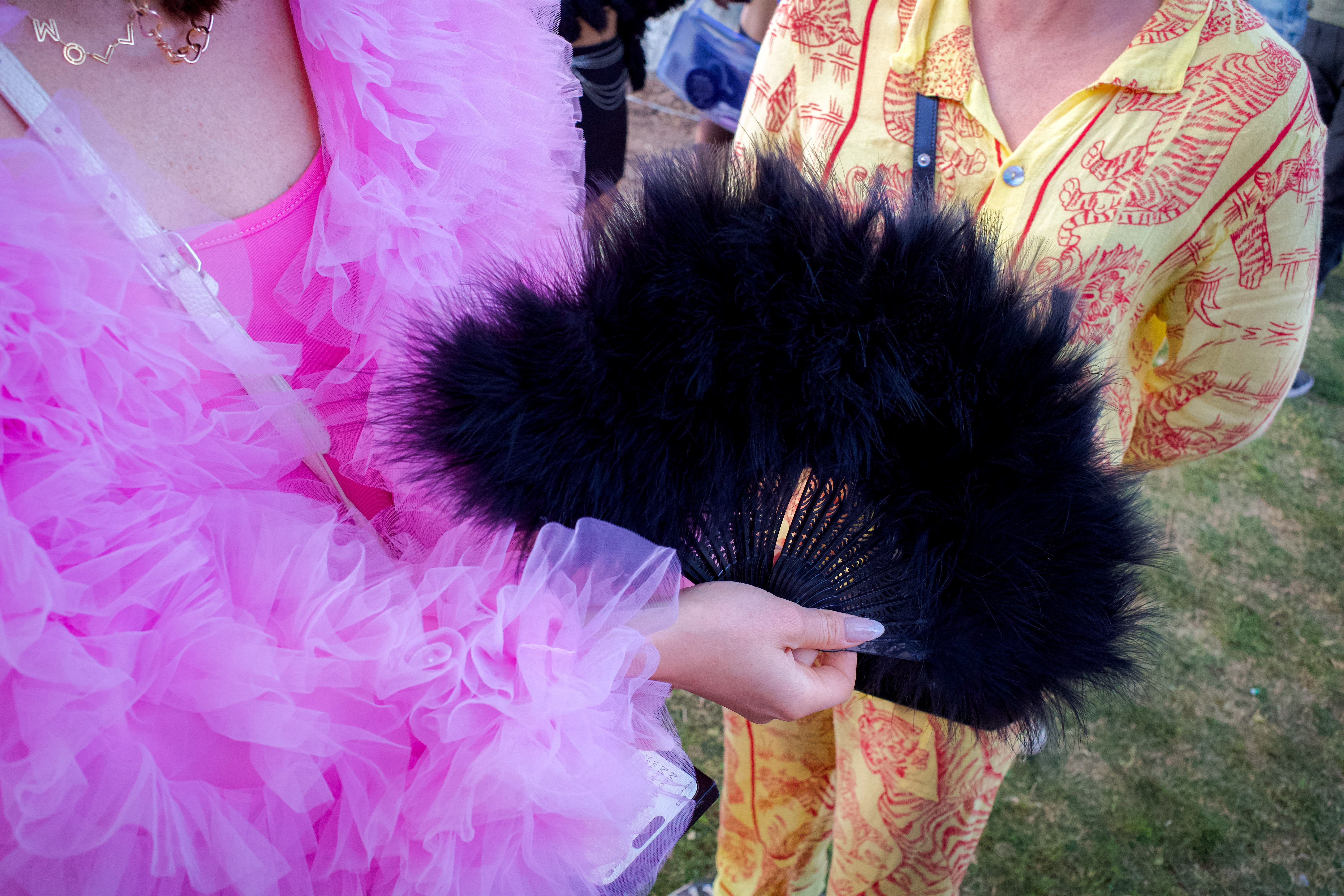 Taylor Swift Eras Tour film premiere with fans dressed in themed outfits