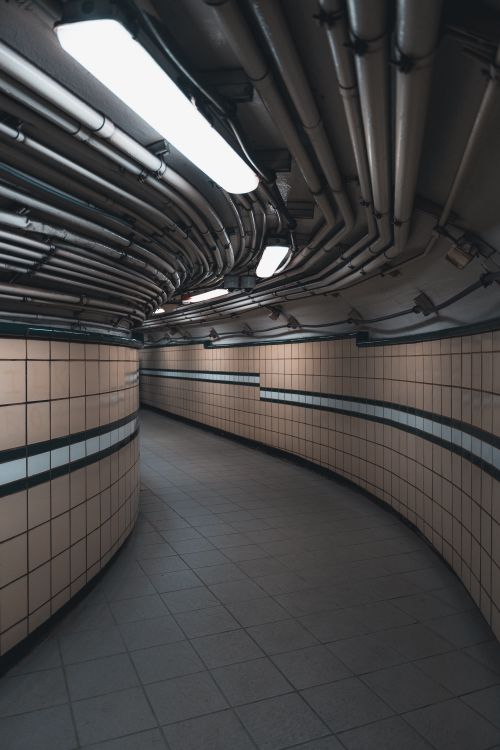 Free Moody view of an urban subway tunnel with industrial pipes overhead and curved tiled walls. Stock Photo