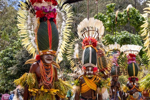 Colorful tribal dancers in traditional attire at a cultural festival in Papua New Guinea.