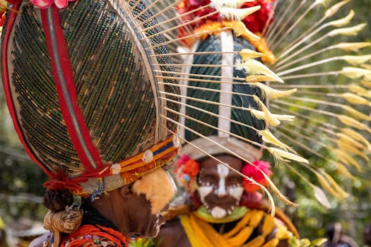 Vibrant traditional costumes and headdresses at a Papua New Guinea Sing-Sing festival.