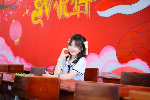 A student in uniform sits in a classroom with a vibrant red wall mural.
