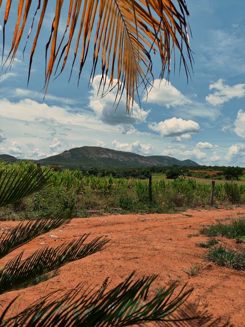 Free Vibrant landscape of Janaúba, Brazil featuring mountains and lush greenery under a bright blue sky. Stock Photo