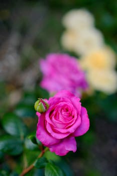 Close-up of a vibrant pink rose bloom with lush green leaves, perfect for floral and garden themes.