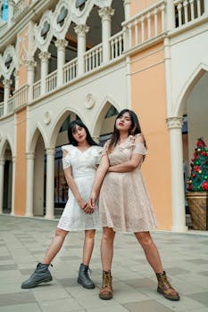 两位穿着时髦连衣裙的女性自信地在优雅的建筑拱门前摆姿势