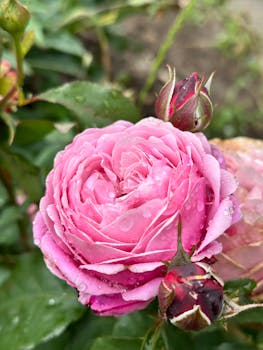 Beautiful pink rose with dew drops in a lush garden setting.