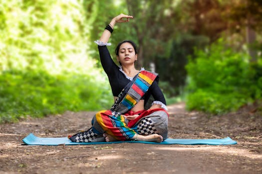 Woman practicing yoga outdoors in Bengaluru, embracing traditional poses and inner peace in lush surroundings.