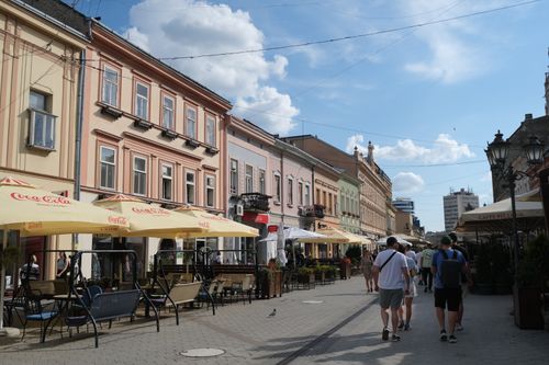 Free Street view of Novi Sad, Serbia with people enjoying outdoor cafes. Stock Photo