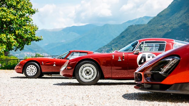 Classic red sports cars parked against a stunning mountain landscape on a sunny day.