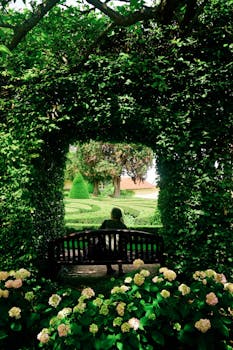 Discover tranquility in a lush Prague garden with a scenic archway and peaceful bench.