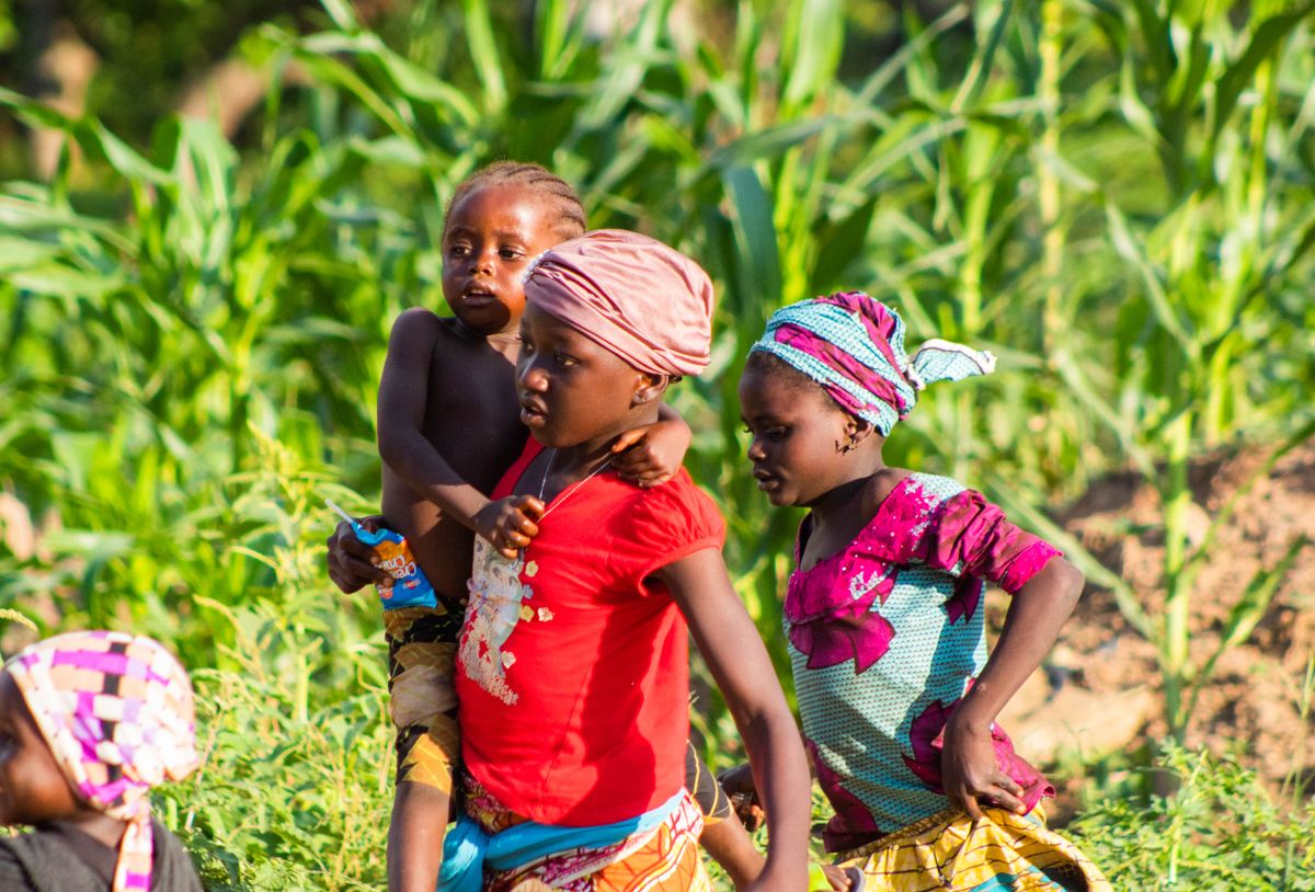 Children playing joyfully in a lush green field