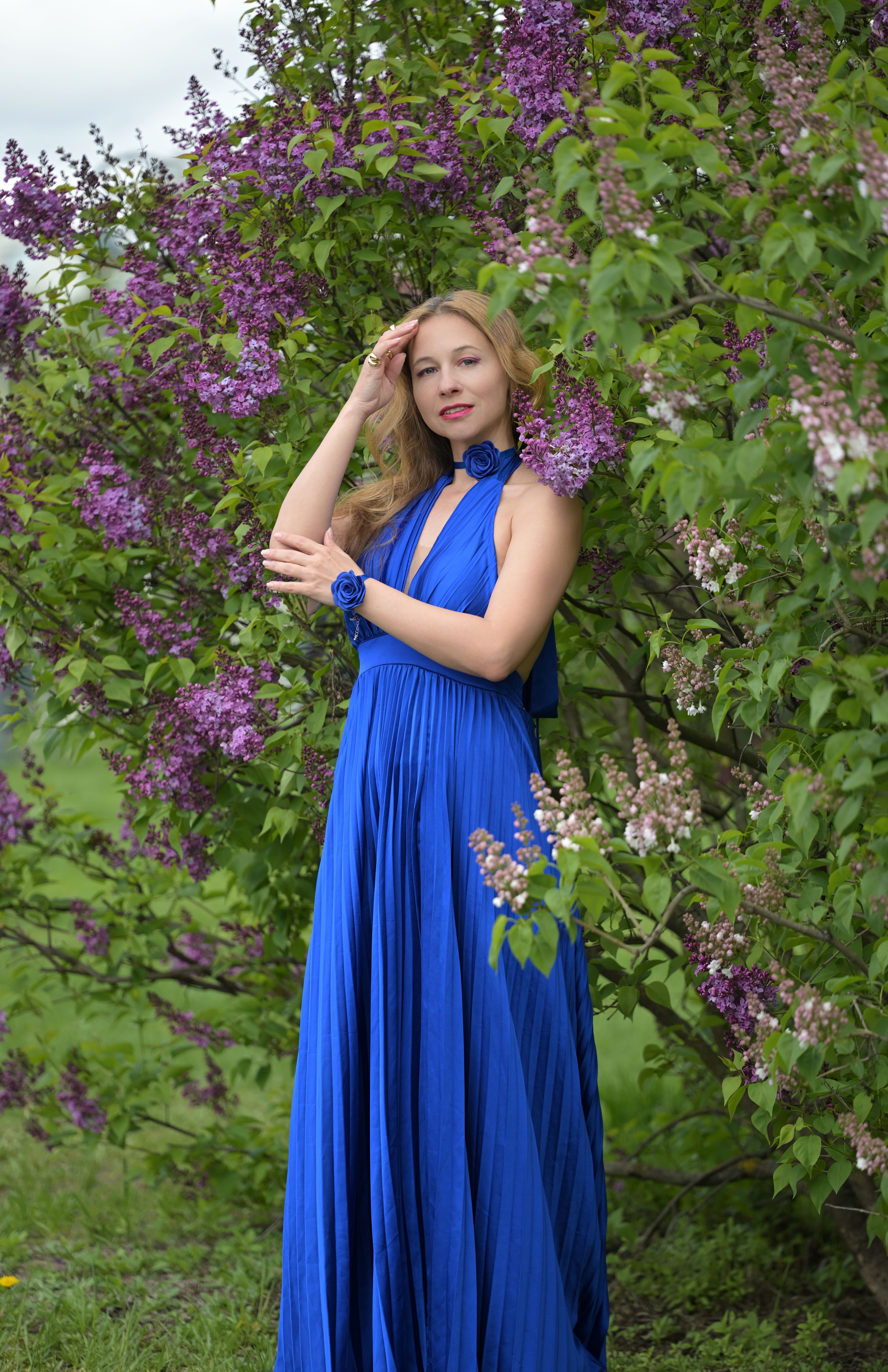 Elegant Woman in Blue Gown Among Lilacs · Free Stock Photo