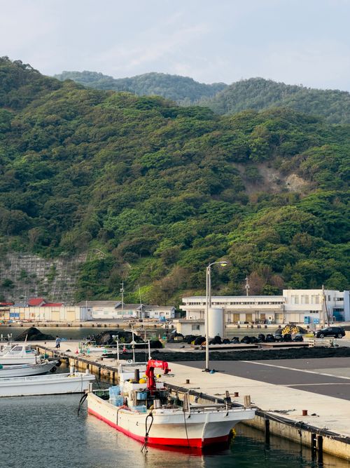 Free A picturesque harbor with fishing boats and lush green hills in the background. Stock Photo