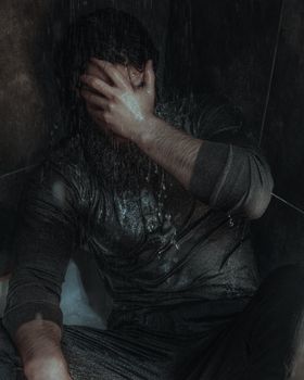 A man sitting in the shower under running water, conveying deep emotion and introspection.