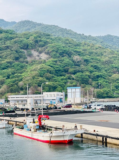 Free A serene harbor scene with a fishing boat and green hills in the background, perfect for travel inspiration. Stock Photo