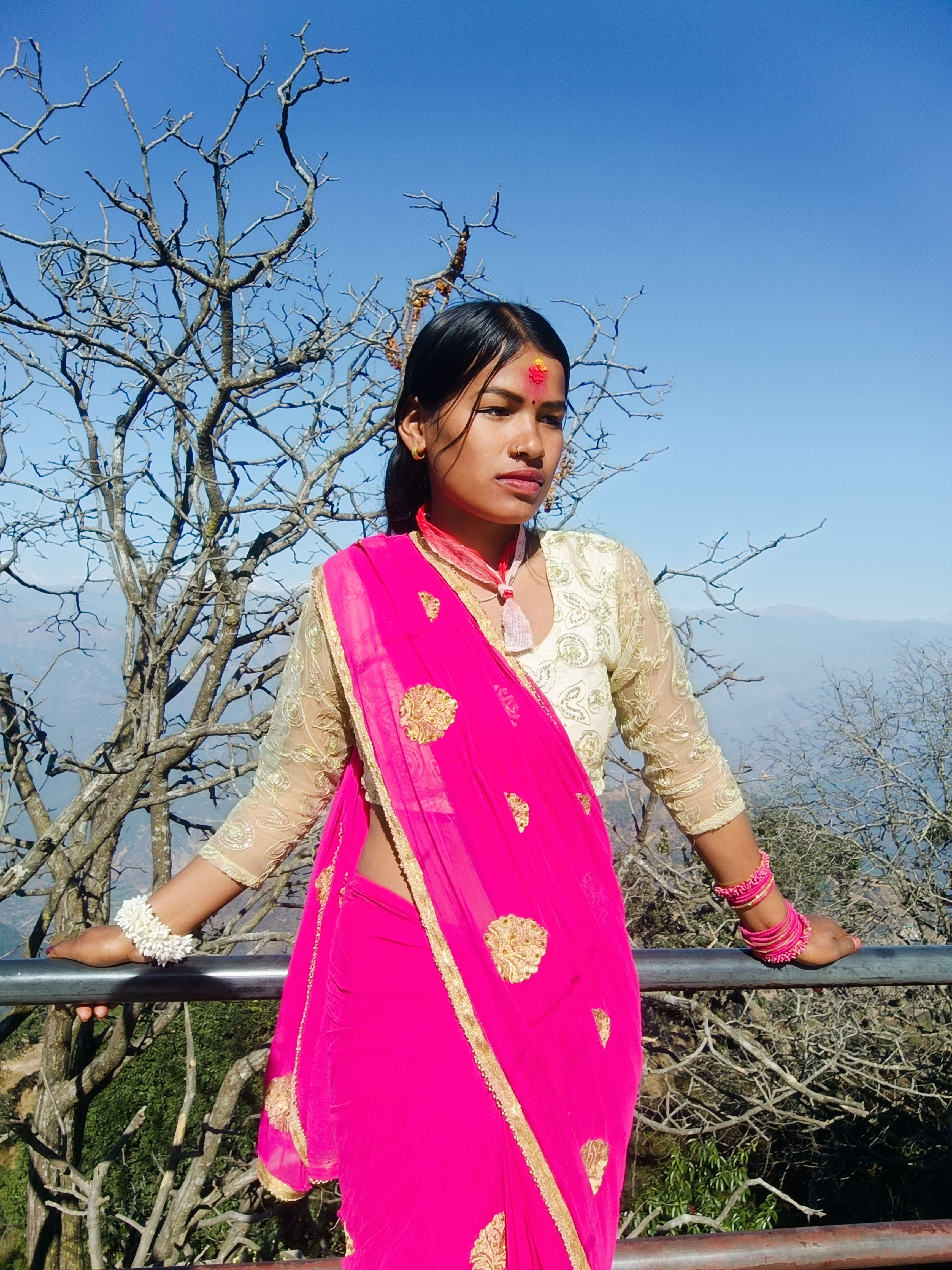 Woman in traditional sari poses in vibrant landscape. Cultural fashion outdoors.