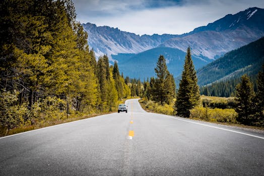 A scenic drive through the Rocky Mountains with a winding road and pine trees.