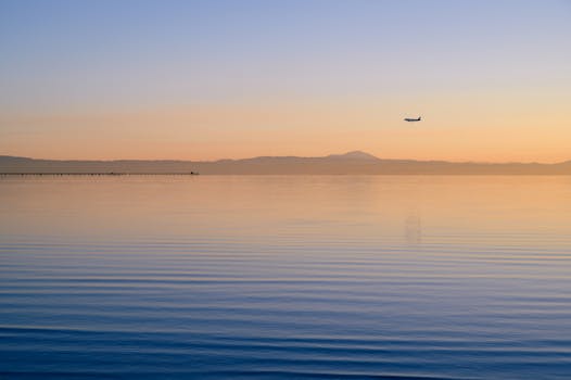 黎明时分，一架飞机飞过平静的海面，背景是山脉，景色宁静