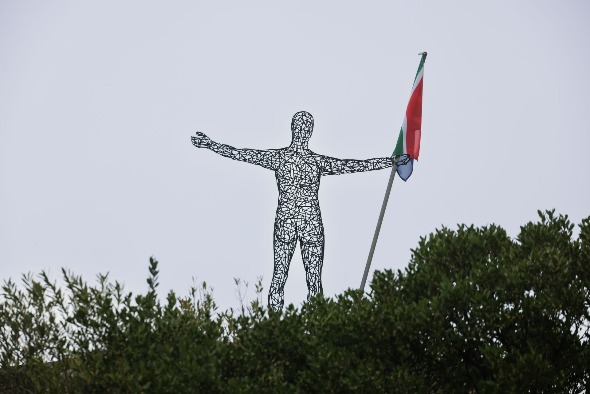 Wire sculpture of a human figure holding the South African flag amidst foliage.