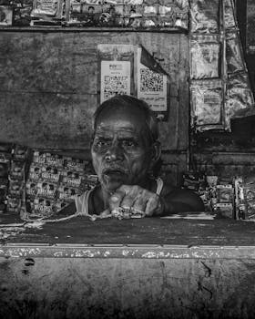 Black and white photo of an elderly vendor in a traditional market stall with packaged goods.