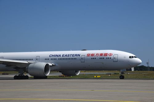 Free China Eastern Boeing 777 on the runway at Frankfurt Airport, Germany. Stock Photo