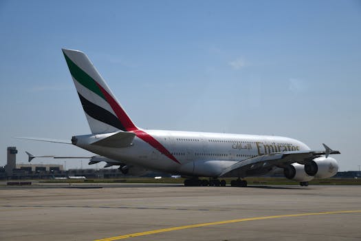 Emirates Airbus A380 on the runway at Frankfurt Airport, Hessen, Germany.