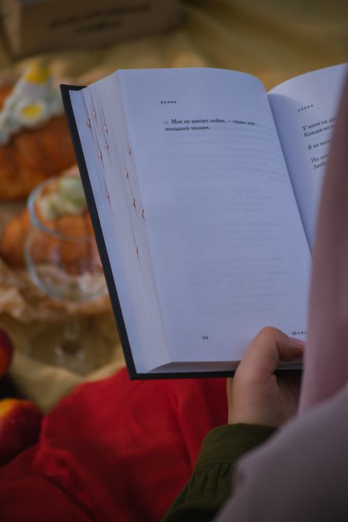 Free Close-up of a person reading a book during a picnic with snacks and drinks around. Stock Photo