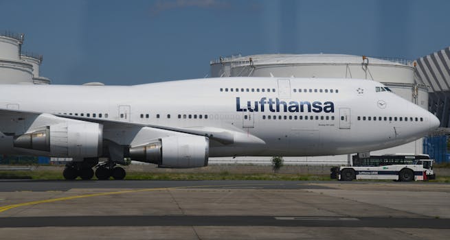 Lufthansa Boeing 747 on tarmac at Frankfurt Airport on a clear day.