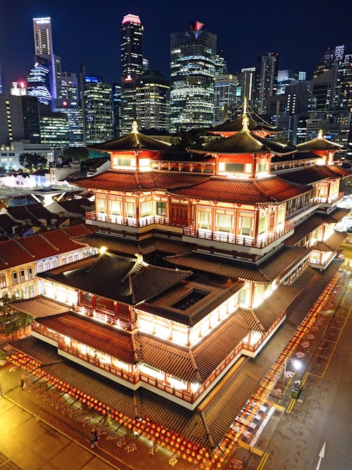 High Angle View of Illuminated Cityscape at Night