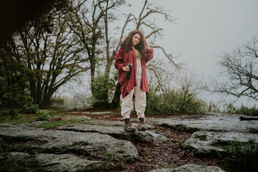 Woman hiking in a misty forest landscape holding a cup, wearing red jacket and boots. Perfect outdoor adventure scene.