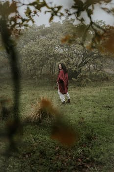 A woman in a red cloak stands in a misty forest clearing, surrounded by fog and autumn leaves.