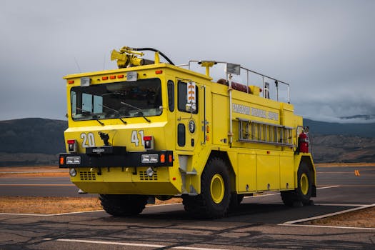 Yellow airport fire engine at Pangborn Memorial Airport in East Wenatchee, Washington, under cloudy skies.