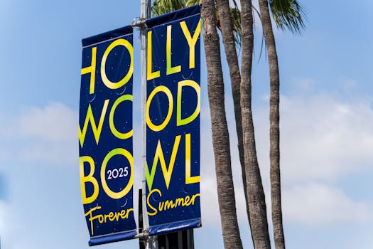 Bright summer banner at Hollywood Bowl 2025 in Los Angeles under sunny skies.