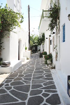 漫步在装饰着郁郁葱葱绿植与石径的白色小巷，探索地中海村庄的活力