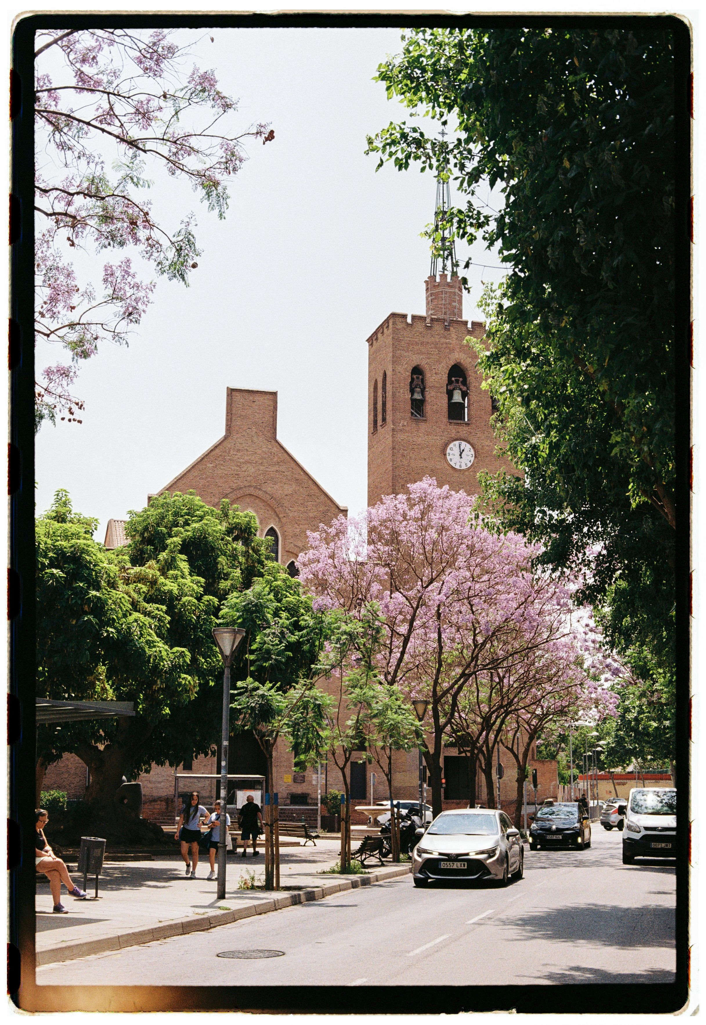 A picturesque view of a European street, featuring a historic building and blooming trees.