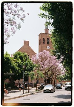 A picturesque view of a European street, featuring a historic building and blooming trees.