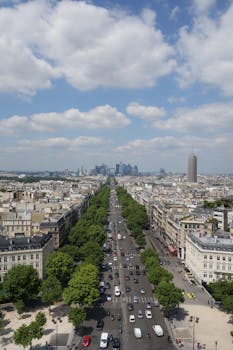 Stunning aerial view of a Paris avenue leading to the La Défense skyline on a bright day.