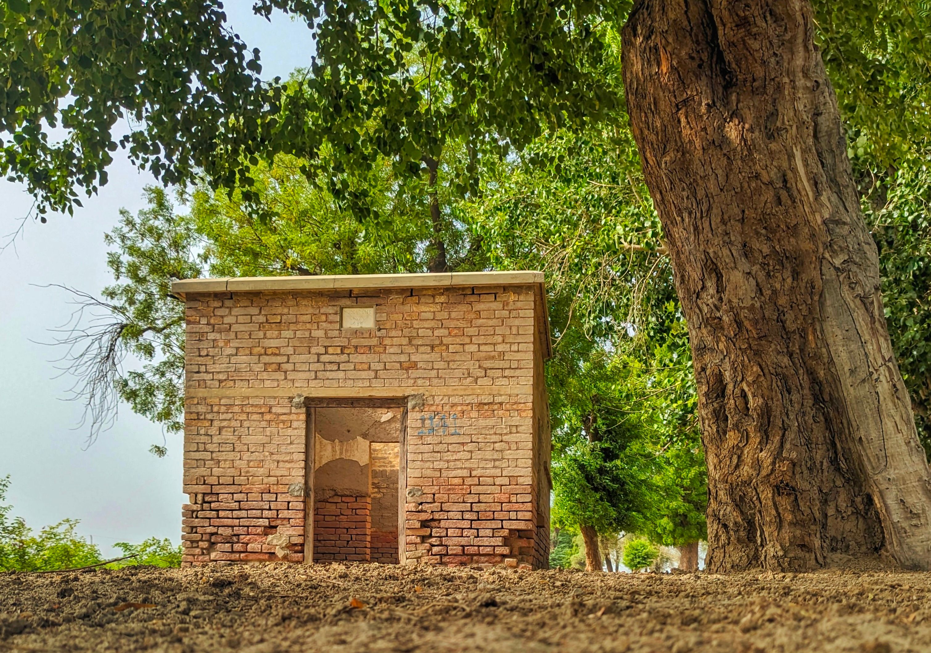 An abandoned brick building surrounded by lush trees in Kandiāro, Sindh, Pakistan, showcasing rural architecture.