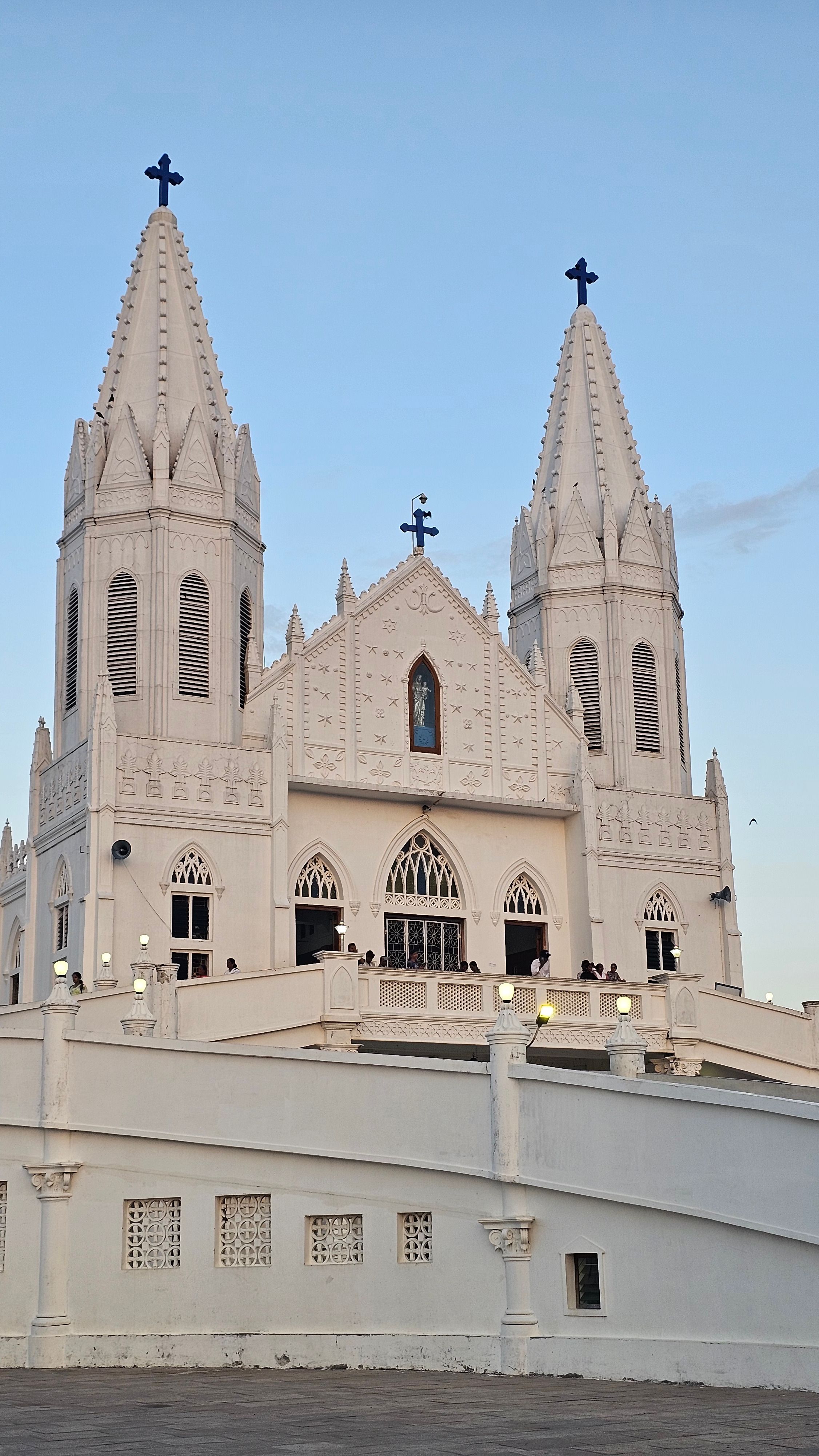Free Stunning view of Velankanni Church's unique Gothic architecture at dusk in Tamil Nadu, India. Stock Photo