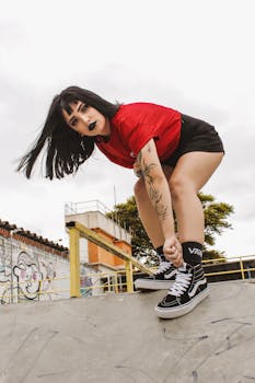 穿着红上衣和货车的年轻女子滑冰运动员在充满涂鸦的滑板公园里