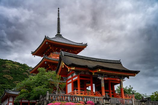 Captivating view of Kiyomizu-Dera Temple amidst cloudy skies in Kyoto, Japan.