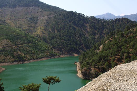 A serene mountain lake with lush forested slopes under a clear blue sky.