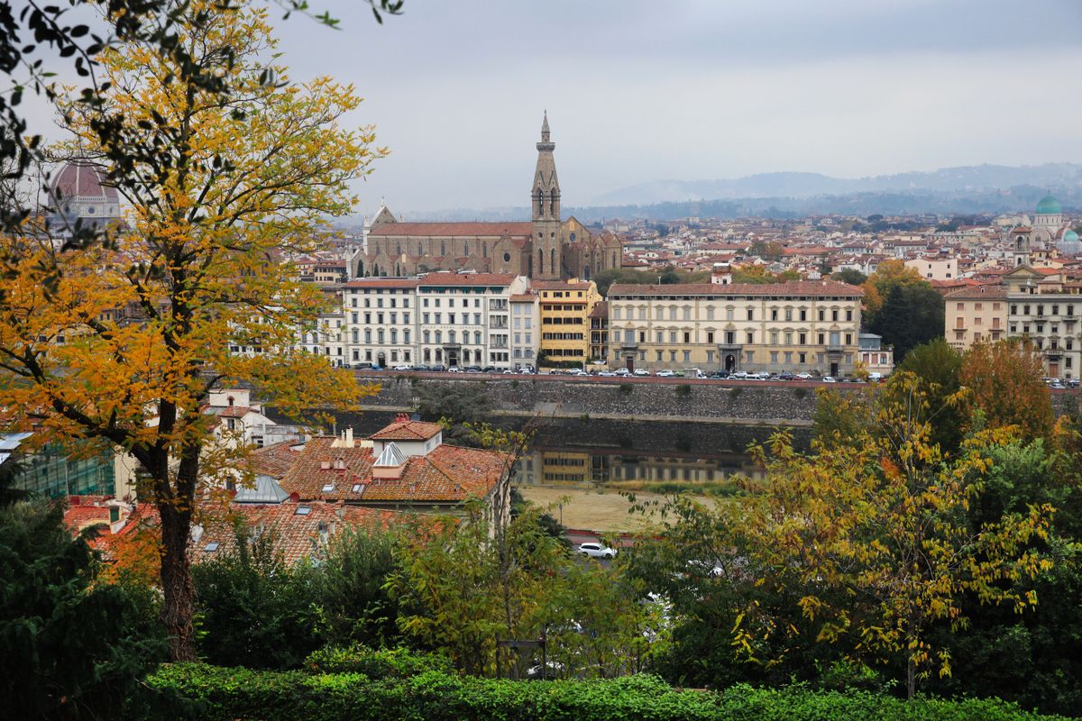 San Miniato al Monte Romanesque church facade with green and white marble geometric patterns above Florence