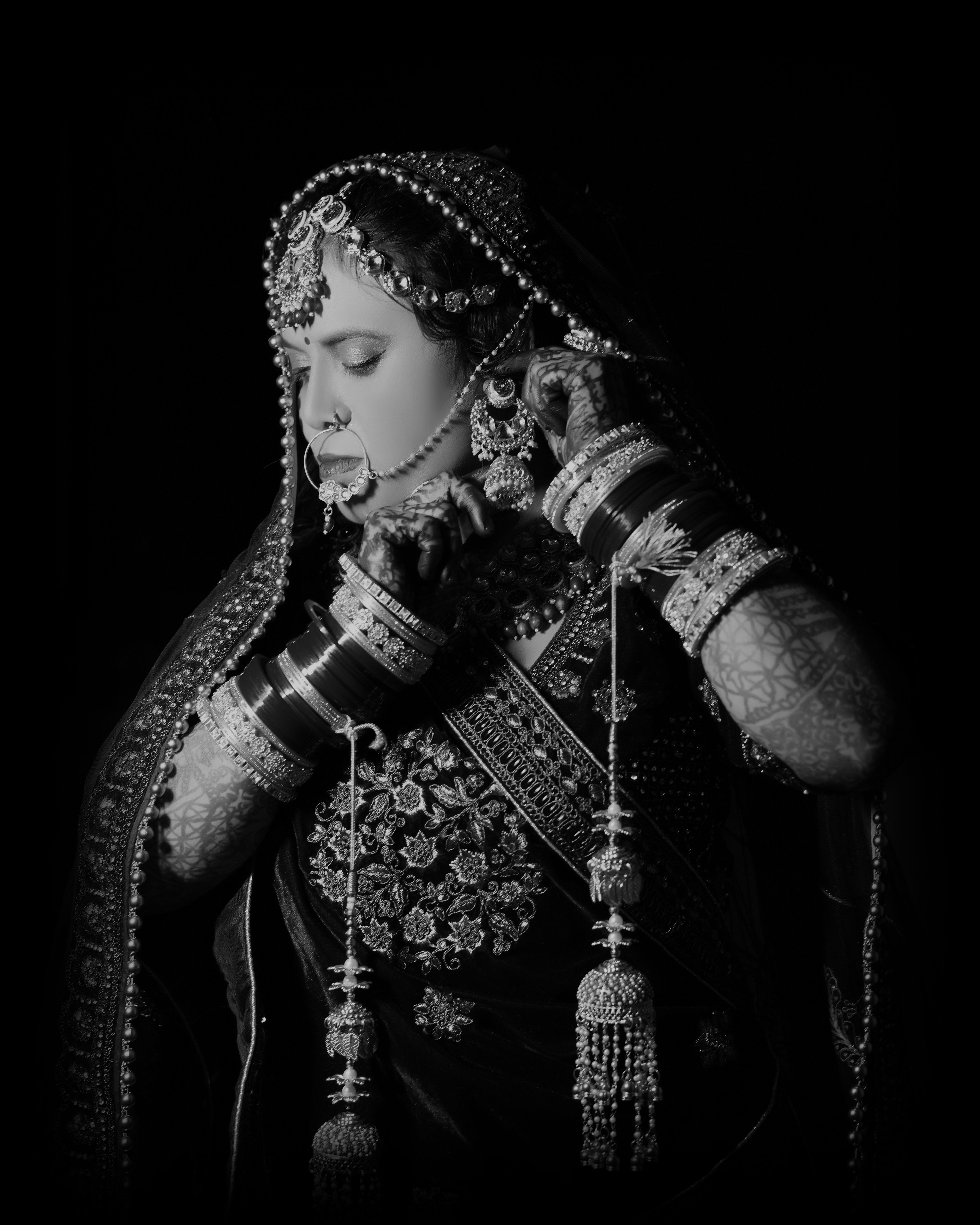 A stunning portrait of a traditional Indian bride adorned with intricate jewelry and attire.