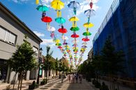 Vibrant umbrellas hang above a street in Bjelovar, Croatia, creating a festive summer atmosphere.