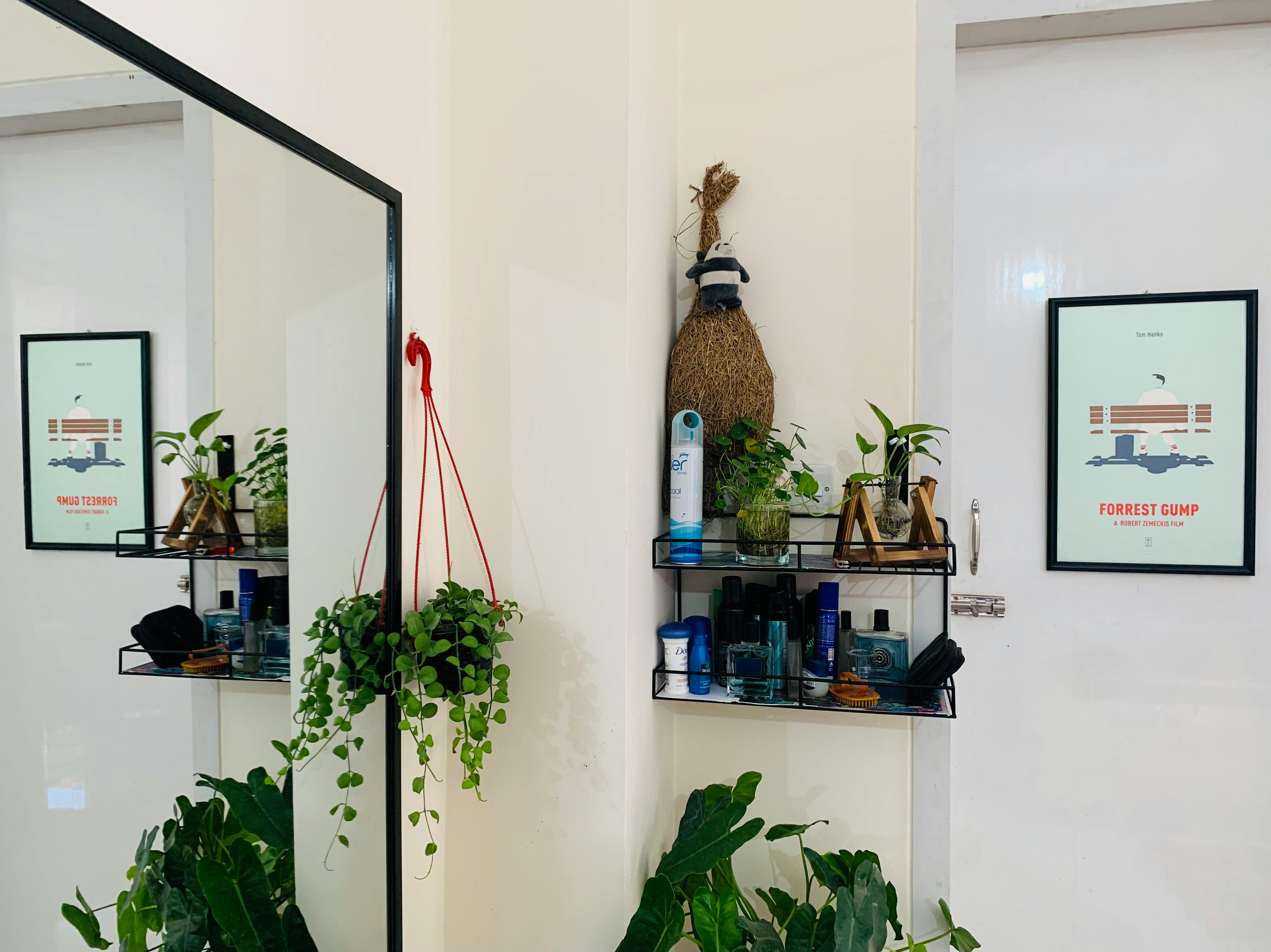 Free Corner interior with plants, mirror, and Forrest Gump poster. Stock Photo