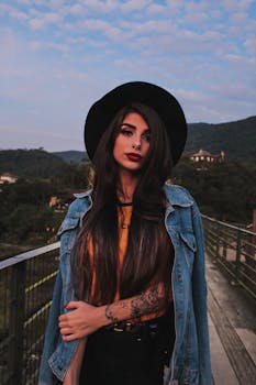 黄昏时分，一位时尚女子穿着牛仔夹克、戴着帽子在桥上摆姿势