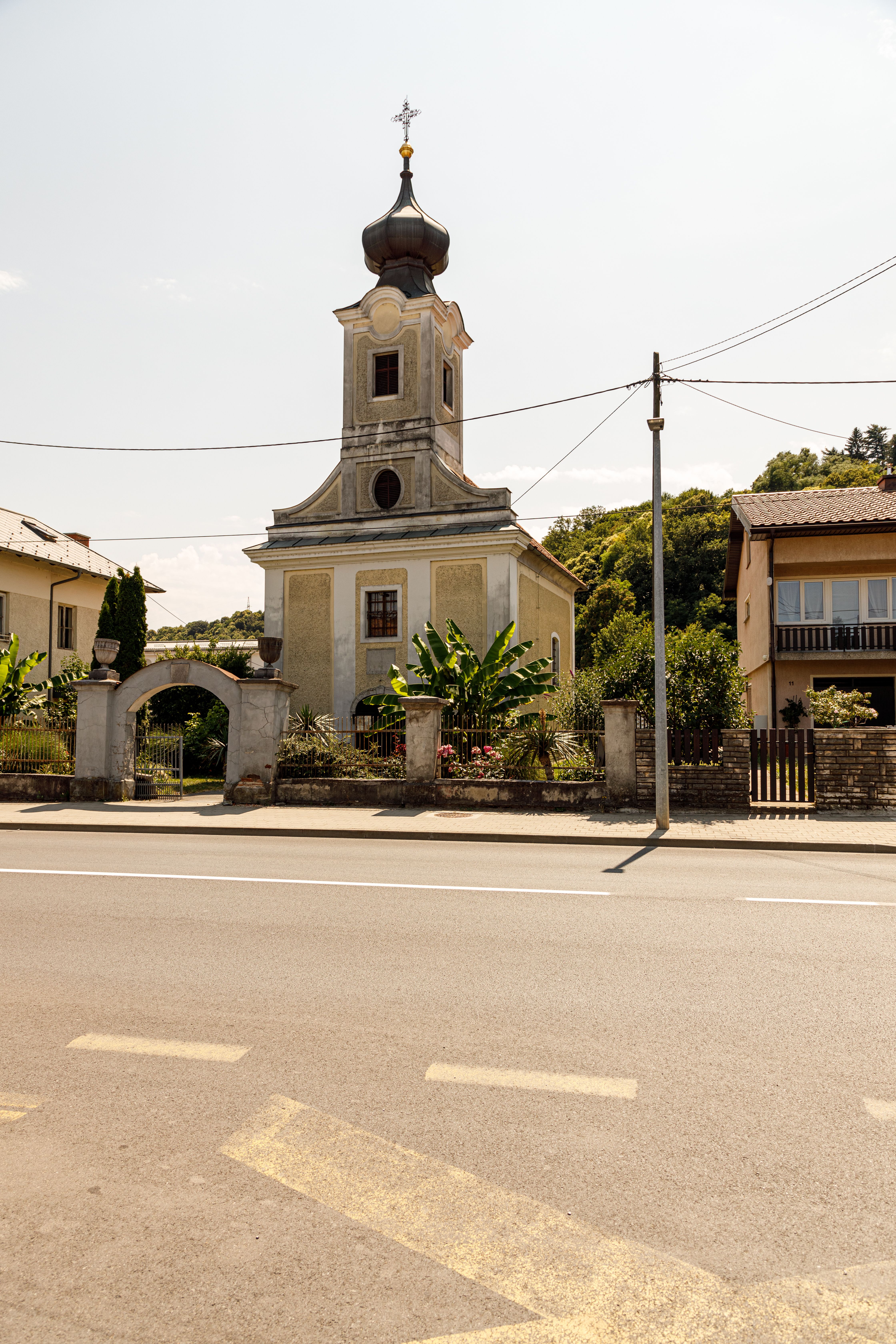 A charming historic church with unique architecture in Karlovac, Croatia, photographed on a sunny day.