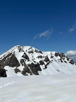 Majestic snow-covered mountain under a clear blue sky, perfect for winter adventure themes.